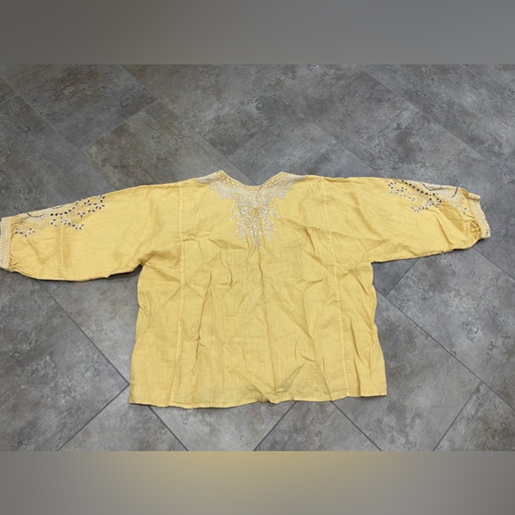 JOHNNY WAS EMBROIDERED EYELET YELLOW LINEN 100% WOMAN TUNIC SIZE US L - Picture 4 of 5